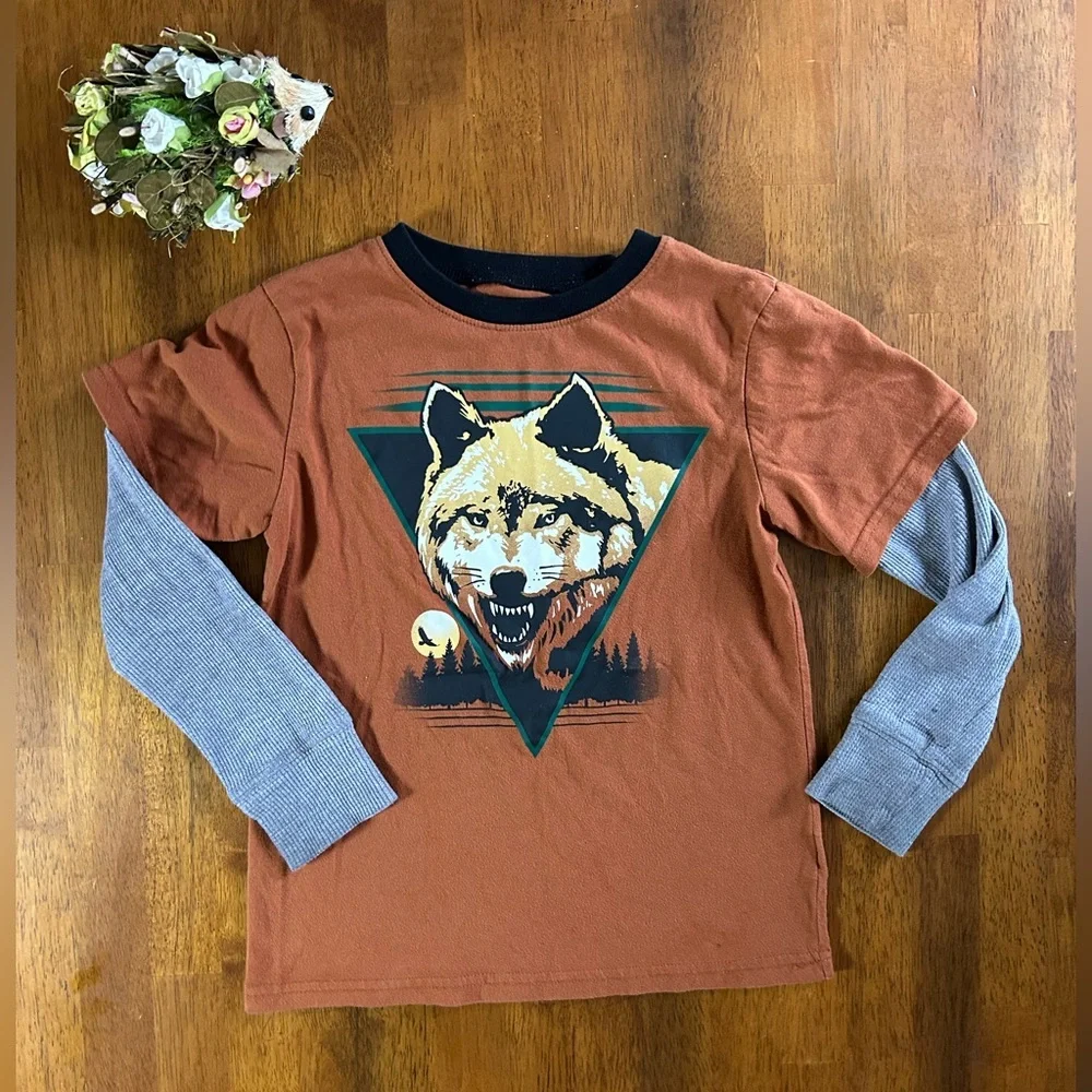 Boys Wolf Graphic Layered Long Sleeve Tee – Size 5/6 | Brown & Gray